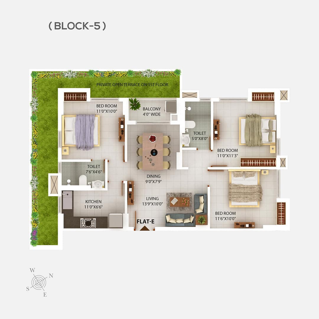 Block 5 Floor plan 4 - 3 BHK flats in Newtown Kolkata - Chitrakut Heights Phase - 2