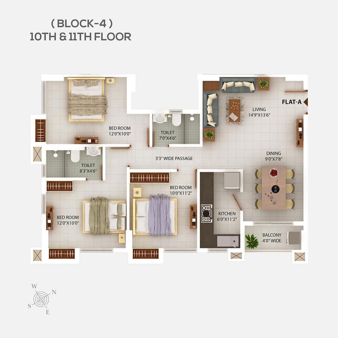 Block 4 Floor plan 10th & 11th floor - 3 BHK flats in Newtown Kolkata - Chitrakut Heights Phase - 2