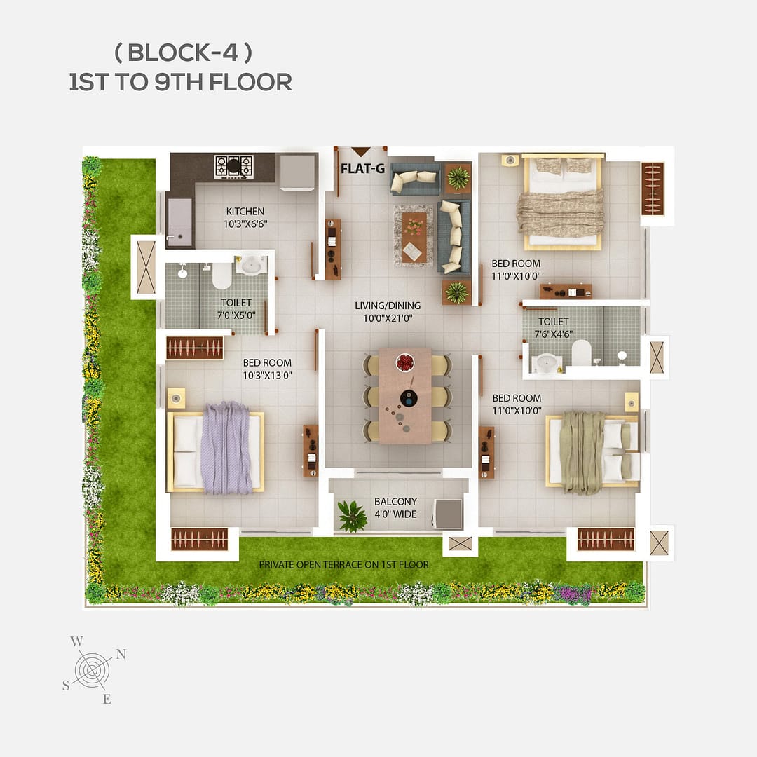 Block 4 Floor plan 1st to 9th floor-2 - 3 BHK flats in Newtown Kolkata - Chitrakut Heights Phase - 2