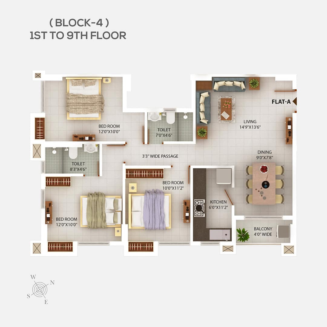 Block 5 Floor plan 5 - 3 BHK flats in Newtown Kolkata - Chitrakut Heights Phase - 2