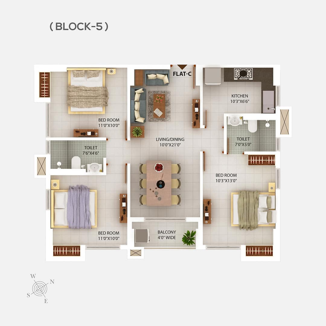 Block 5 Floor plan 2 - 3 BHK flats in Newtown Kolkata - Chitrakut Heights Phase - 2
