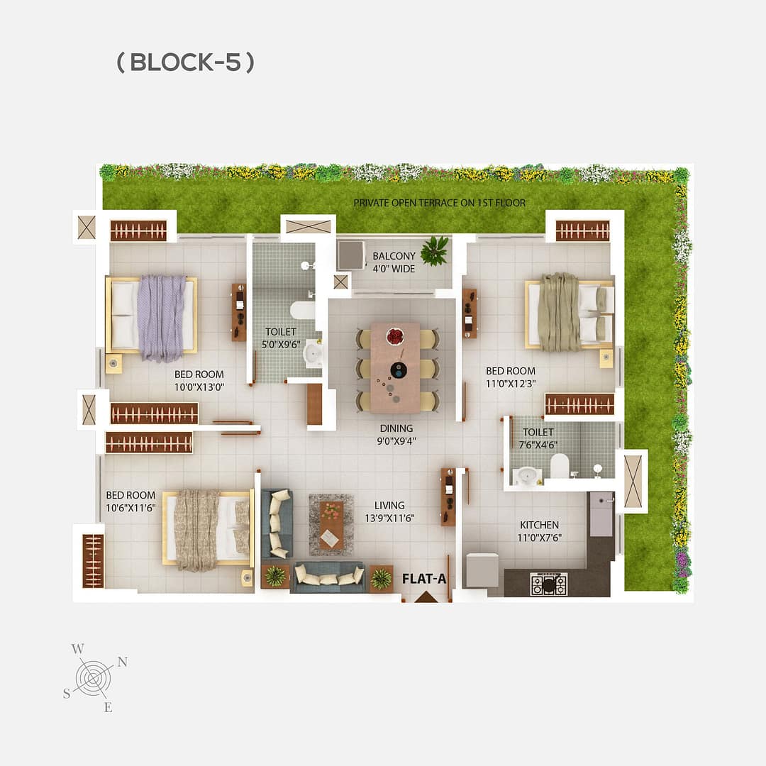 Block 5 Floor plan - 3 BHK flats in Newtown Kolkata - Chitrakut Heights Phase - 2