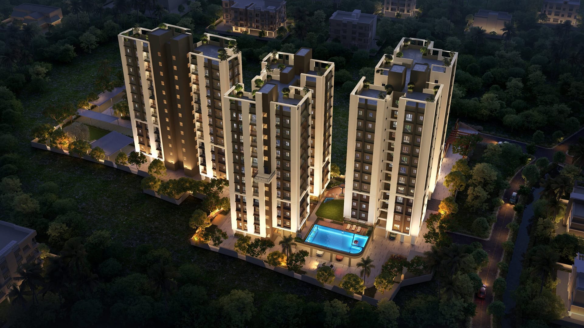 CHITRAKUT GREENVILLE BIRDS EYE VIEW AT NIGHT - Chitrakut Greenville premium 3 BHK flats in Newtown Kolkata near Biswa Bangla Gate and Kolkata Airport.